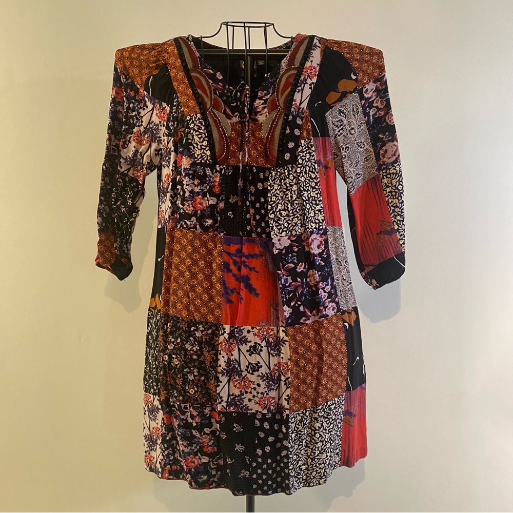 Anthropologie One September Arcata Patchwork Boho Peasant Lined Dress Size XS